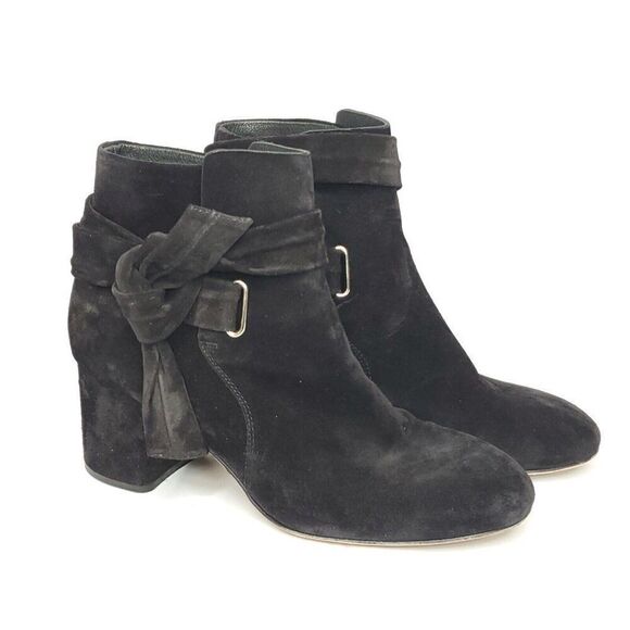 Rag & Bone Heeled Suede Ankle Boot 38.5 US 8 Dalia Black Belt Bow Block Heel - Picture 1 of 10